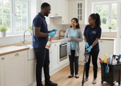 team of 2 cleaners cleaning at a customer kitchen while the customer speaks to them