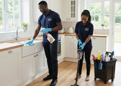 team of 2 cleaners cleaning at a customer kitchen