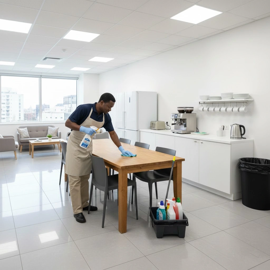 a cleaner cleaning a break room